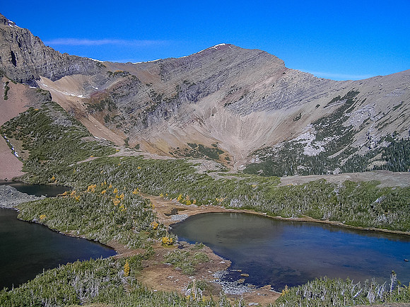 Carthew Lakes from the way down Mount Alderson, Buchanan Ridge is in the background.