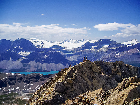 Views over the false summit to Bow Lake and the Wapta Icefield.