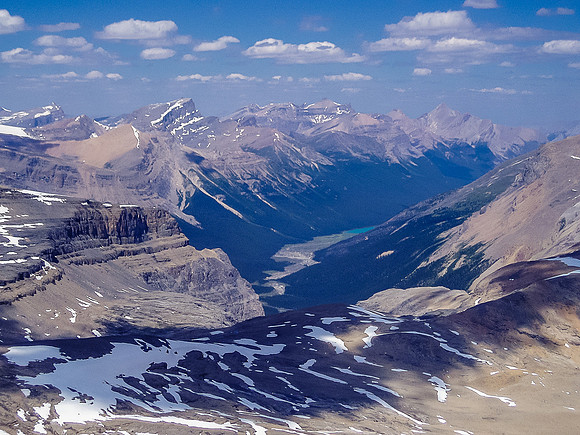 Looking down Dolomite Creek to Quill (L), Peskett (C) and Siffleur Mountain.