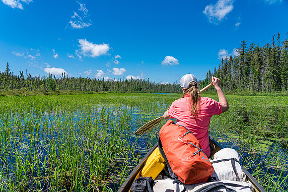 Paddling the weedy creek leading into Indian House Lake from Crystal Lake.