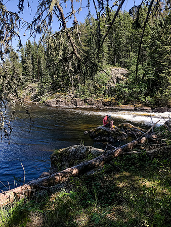 Fishing the falls coming into Hammerhead Lake from Rostoul Lake.