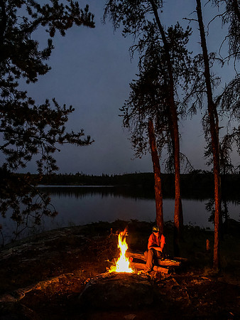 An evening fire at the island site on Glenn Lake.