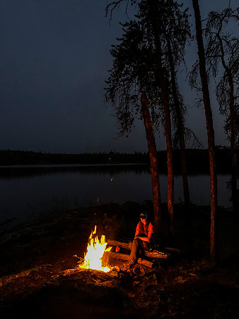 An evening fire at the island site on Glenn Lake.