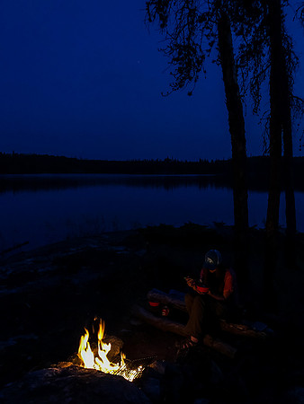 An evening fire at the island site on Glenn Lake.