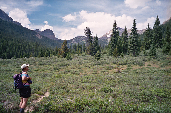 Sonny surveys the avalanche gully that we want to ascend from the valley bottom.