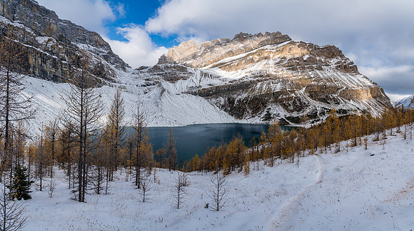 Hiking along Zigadenus Lake in snow and larch needles.