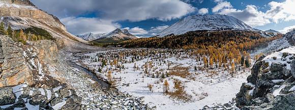 Views down Skoki Creek towards Cyclone, Skoki, Fossil and Deception Pass (R).