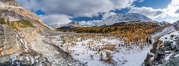 Views down Skoki Creek towards Cyclone, Skoki, Fossil and Deception Pass (R).