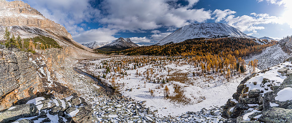 Views down Skoki Creek towards Cyclone, Skoki, Fossil and Deception Pass (R).