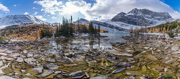 Views from near the Myosotis Lake outflow back to Fossil, Ptarmigan and Pika Peak.