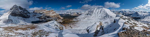 Views down Skoki Valley include the Skoki Lakes, Ptarmigan, Wall of Jericho, Skoki, Fossil Mountain.