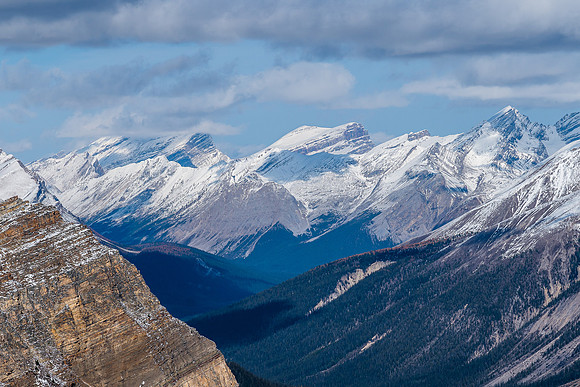 Views down Skoki Valley to Crown, Tower, Harris and Deluc Mountain (R).