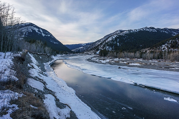 Hiking back along the Highwood River - Mann at left and Gunnery at right.