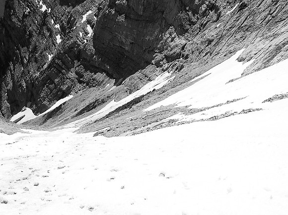 Looking down the huge avalanche bowl.