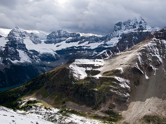 Too bad Assiniboine is hidden in the clouds. Aye and Lunette are beside it.