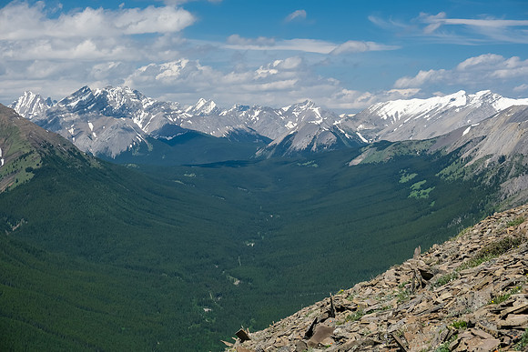 Views up the Sheep River to Elpoca, Tombstone and Burns.