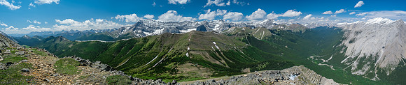 Views back to Mist Ridge and up the Sheep River (R).