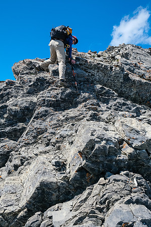 Traversing from the false to the true summit.