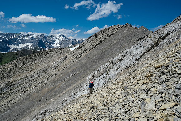 Traversing from the false to the true summit.