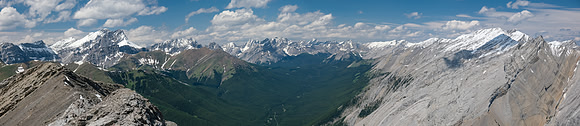 View up the Sheep River to Rae (L), Elpoca, Tombstone, Black Ridge, Burns (R).