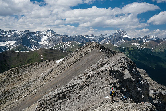 Descending back to the south gully (L) descent line.