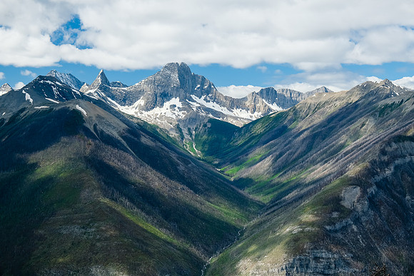 Needle Peak and Split Peak dominate the view back from the avy gully.
