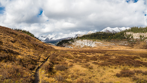 The weather started clearing as I hiked across Og Meadows. This is looking back towards Og Mountain on the right with Golden and Nasswald at left.