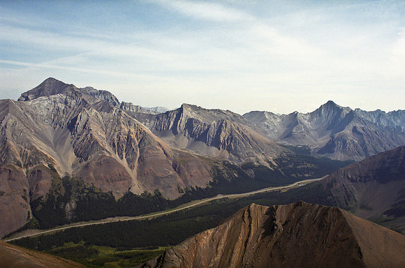 Views back over Highwood Pass towards Mount Rae (L) , Arethusa (C) and Storm (R).
