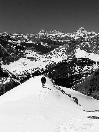 Sonny comes up to a snowy summit with Eon, Aye and the mighty Mount Assiniboine in the distant background.