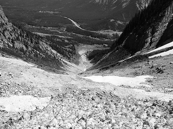 Looking down the headwall that we used to gain access to the huge upper avalanche bowl.