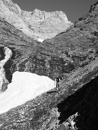 Passing waterfalls lower down in the approach gully.