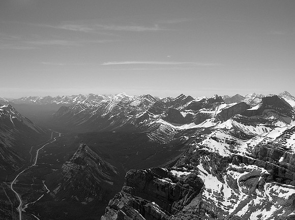 Views past Fortress and James Walker to Joffre and the Kananaskis Lakes area.