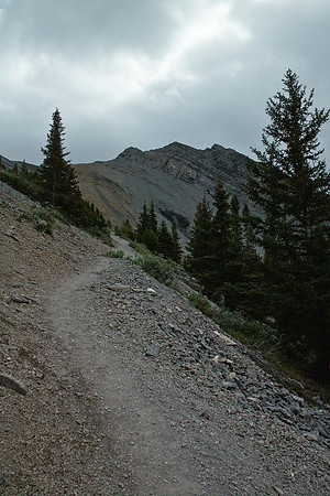 Going up the trail to Ha Ling you can spot the three miners straight ahead. Miner's Peak is just to climber's left of the three miners.
