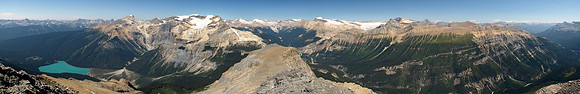 Emerald Lake at left then, Carnarvon, President and Vice President, Des Poilus, Collie, Yoho, Baker, Rhondda, Gordon, Balfour, Niles, Daly, Hector, Ogden, Bosworth, Divide, Niblock and Whyte at distan