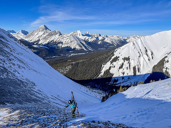 Bootpacking up the last of the skiable terrain.