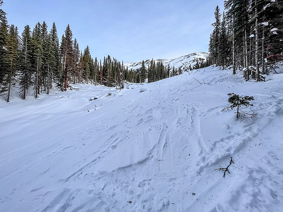 Breaking into the SW avalanche gully.