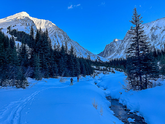 Skiing up the scenic Headwall Creek. Mount Chester at upper left.