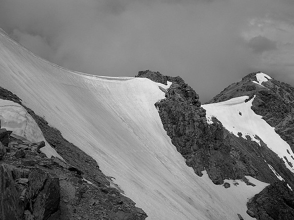 View to the summit from the descent slopes.