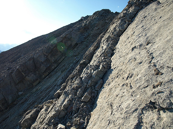 The summit ridge isn't easy - note Kev at the upper center?