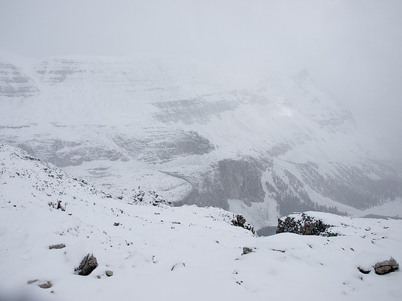Descending a snowy mountain.