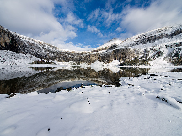 One more wide-angle shot of Rockbound Lake with some blue sky and fresh snow.