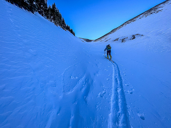 Skiing up the NW access drainage.