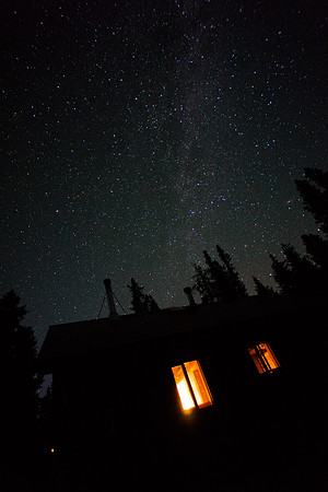 Elk Lakes ACC Hut at night.