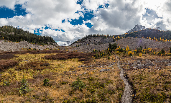 Looking forward through "the gap" into the Assiniboine Meadows. The Towers are rising in the far distance through the gap.