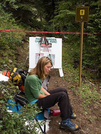 This is where the hiking trail is closed at the top of Assiniboine Pass due to Grizzly activities.