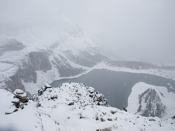 Descending a snowy mountain.