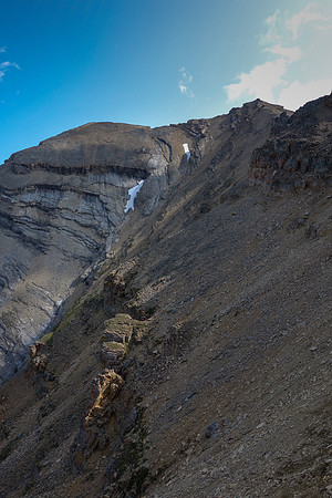 Side slopping towards the col - avoiding obvious rotten cliff bands.
