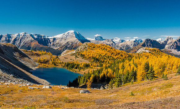 From near Citadel Pass, looking over Citadel Lake towards the Ball Range with The Monarch and Quartz Hill on the right.